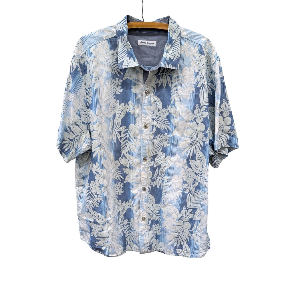 Tommy Bahama Men's Blue White Tropical Floral Silk Blend Button Up Shirt- XXL